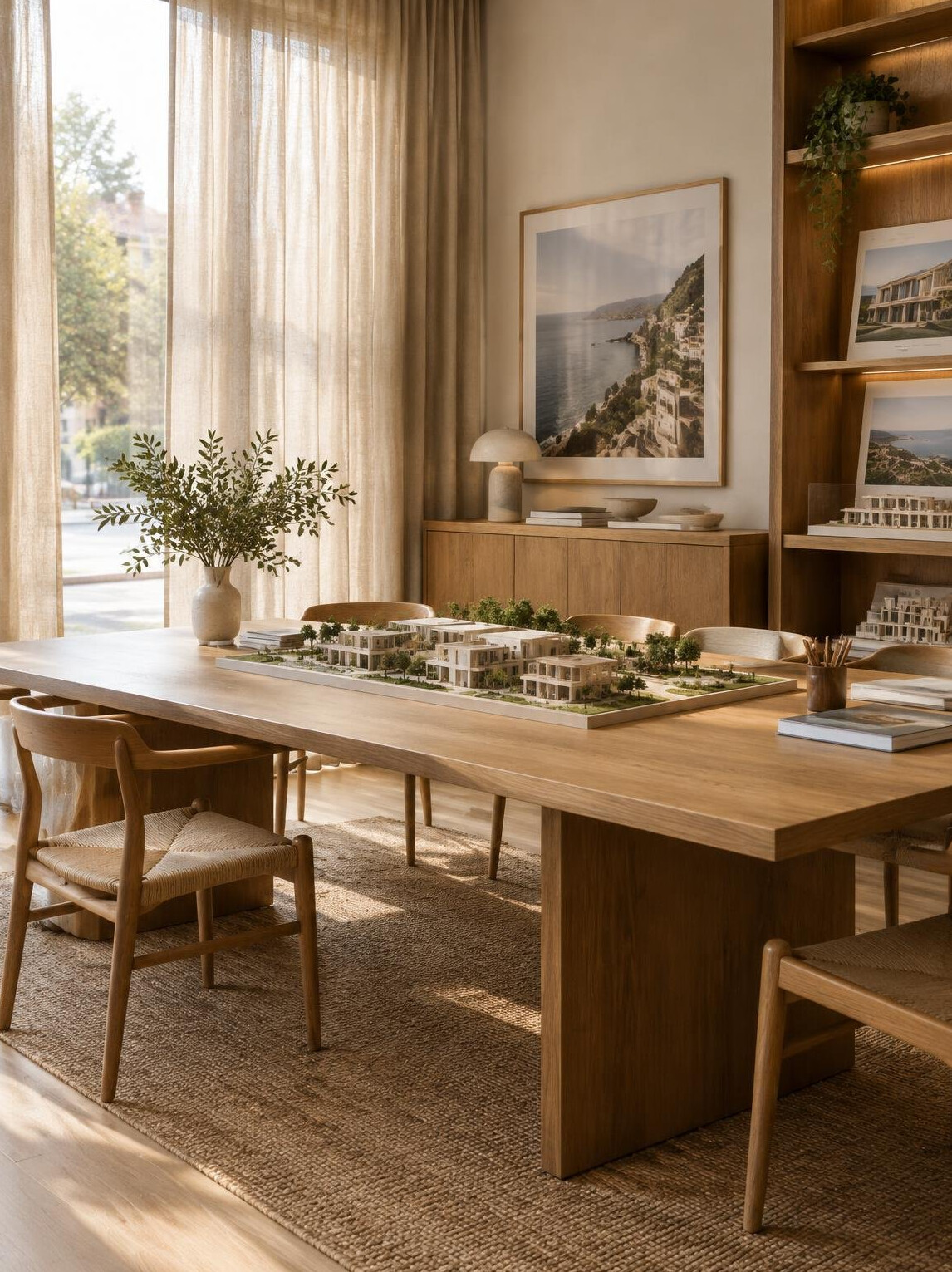 Interior de oficina boutique con cortinas de lino y muebles de madera