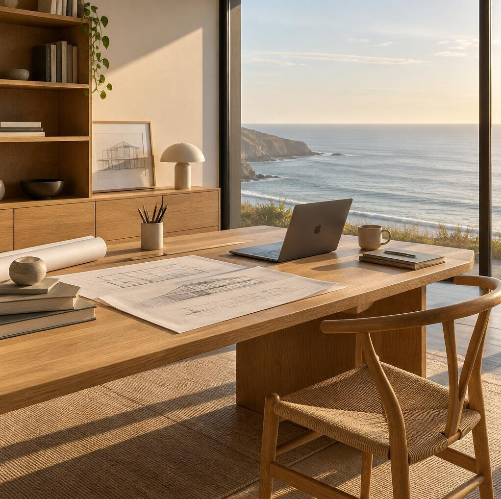 Escritorio elegante con documentos y vista al mar en luz suave de la mañana