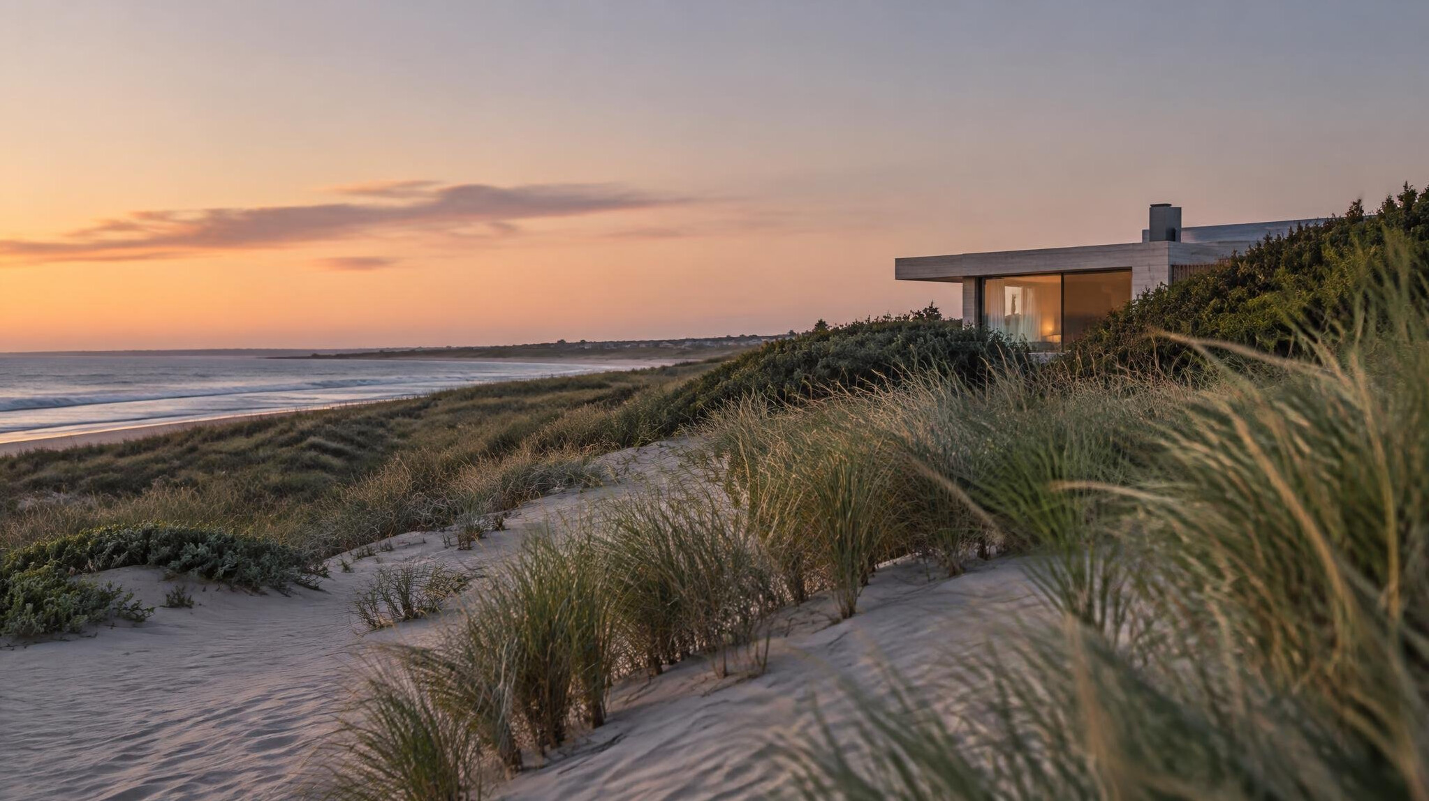 Dunas de Manantiales con casas minimalistas modernas al atardecer