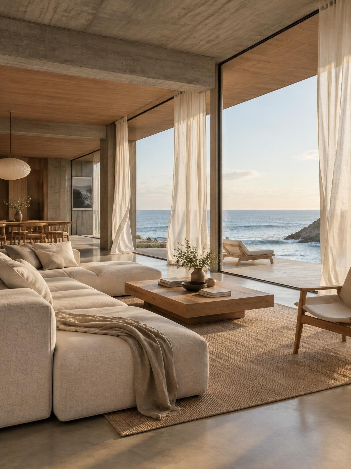 Casa de playa de lujo con grandes ventanales y hormigón visto