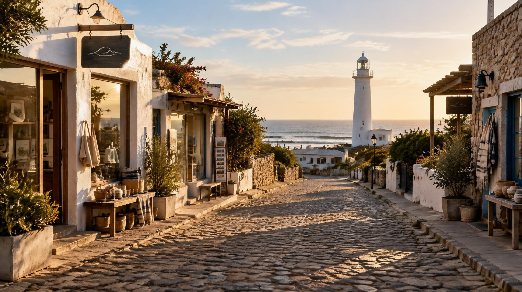 Calle tranquila del pueblo de José Ignacio con faro y océano