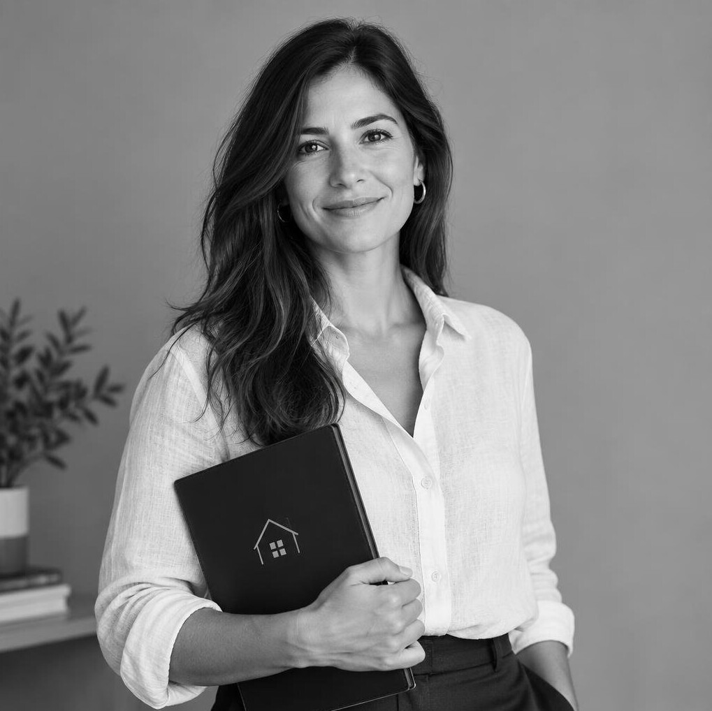 Retrato en blanco y negro de una mujer argentina de unos 30 años, asesora inmobiliaria