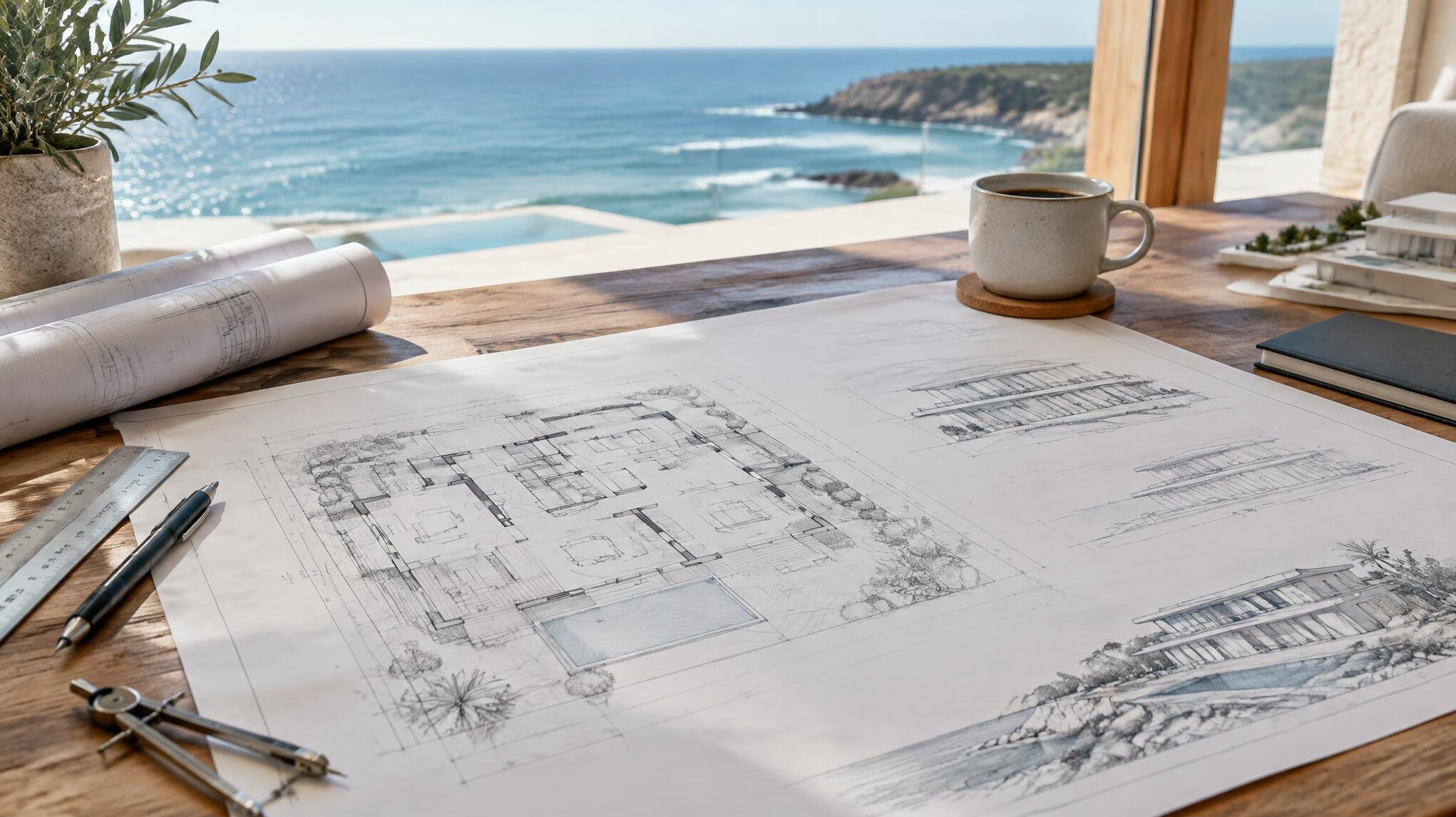 Planos de una villa costera sobre una mesa de madera con luz natural