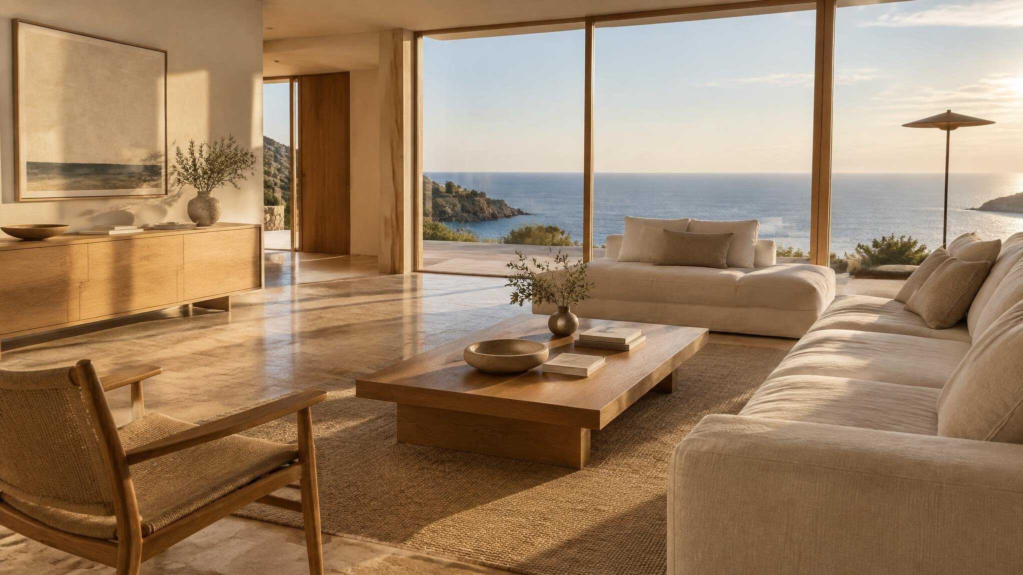 Interior minimalista con madera de roble, travertino y vista al mar